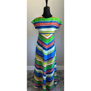 Vintage ACT I 1970's Maximalist Rainbowcore Striped Cap Sleeve Maxi Dress Size S